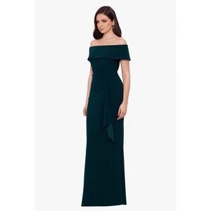 XSCAPE Lindsay Long Scuba Crepe Off Shoulder Dress 6 Pine Green Gown NWOT